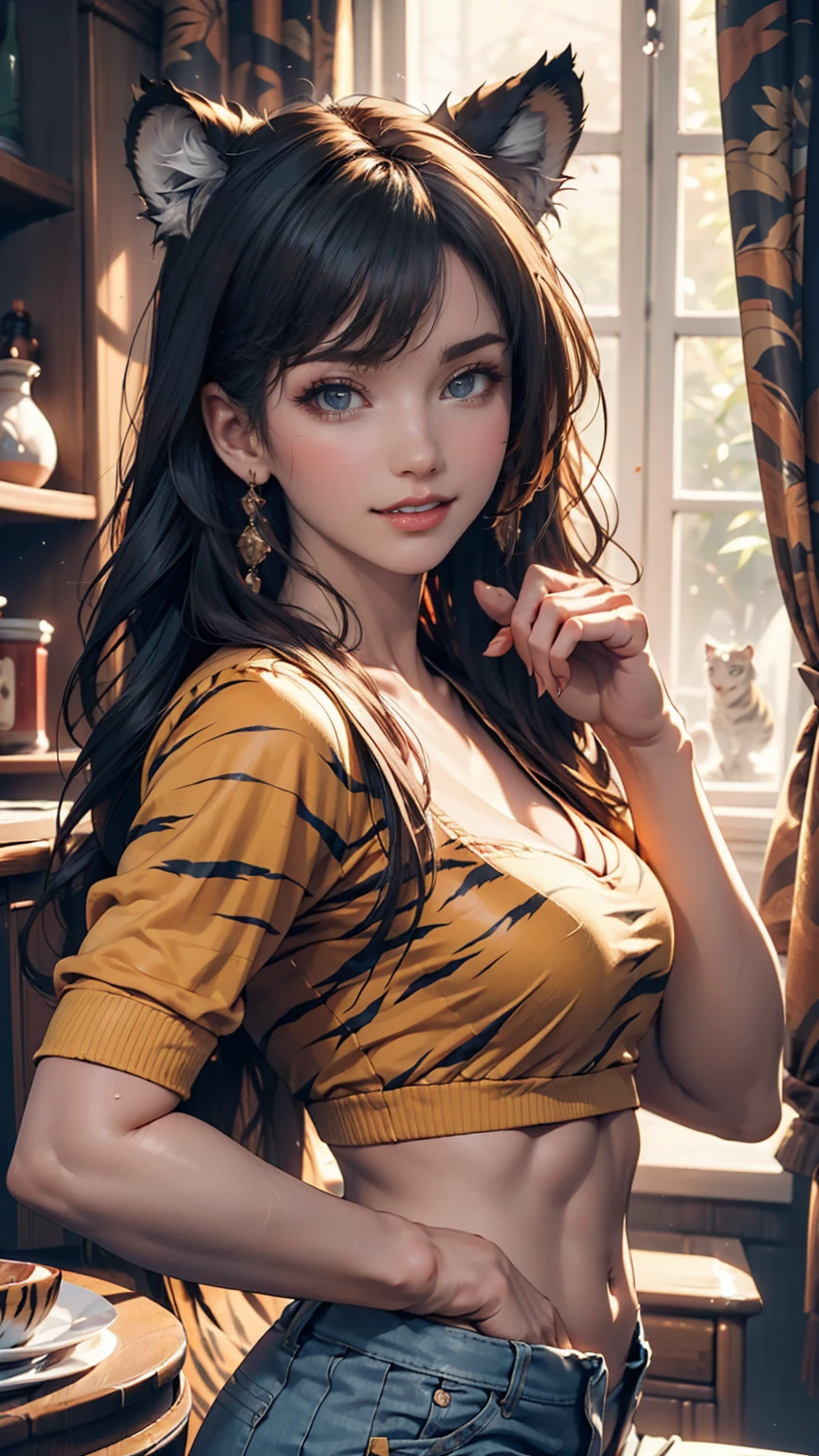 19-year-old female、Hair color is gradient color、Wear a tiger print bodysuit、Nyaと招き猫ポーズ、On all fours、Sexy、Cleavage Emphasis、Oblique view from above、「Nya」and squeal