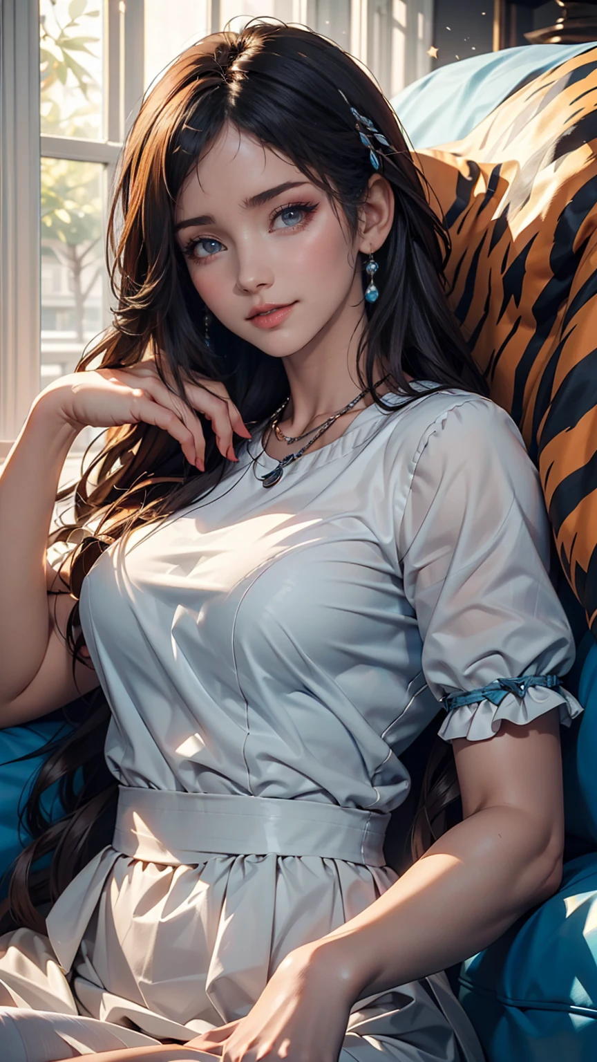 ((Highest quality, 8k, masterpiece: 1.3)), ((One girl:1.5)), The beauty of slim abs: 1.3, Casual Hairstyles, (Blue Long Group: 1.5), Very beautiful face, Delicate eyes, double eyelid, smile, (Showing the tiger&#39;s fangs: 1.2), Dancing、24-year-old female、Sexy proportions、Sexy、Narrow waist、Silver Hair、Low-rise mini pleated skirt、High Knee Socks、sneakers