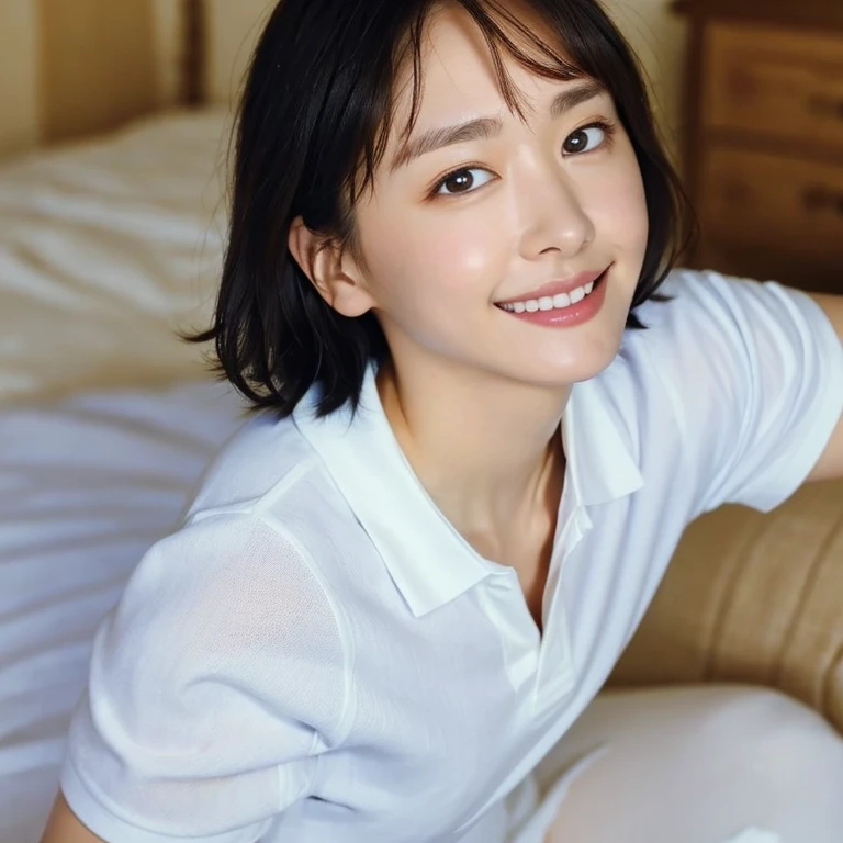 (Masterpiece, Best quality: 1.2), (Aerial shot, From side: 1.2), Looking at viewer, Natural light, 18 years old actress, Japanese women, Neat and clean, ((Wearing white tennis uniform, White short sleeve polo shirt with collar, Not buttoning the polo shirt, Dark navy line on the collar of the polo shirt, White tennis Skirt, White pleated skirt: 1.2)), (Short hair), Ponytail, (Beautiful Face), Oval face, clear, (Beautiful detailed eyes, Kind eyes), (Clear skin), Small face, Beautiful small mouth, no makeup, Approachable, Hotel rooms, On bed, White socks, Seductive smile, Seductive pose