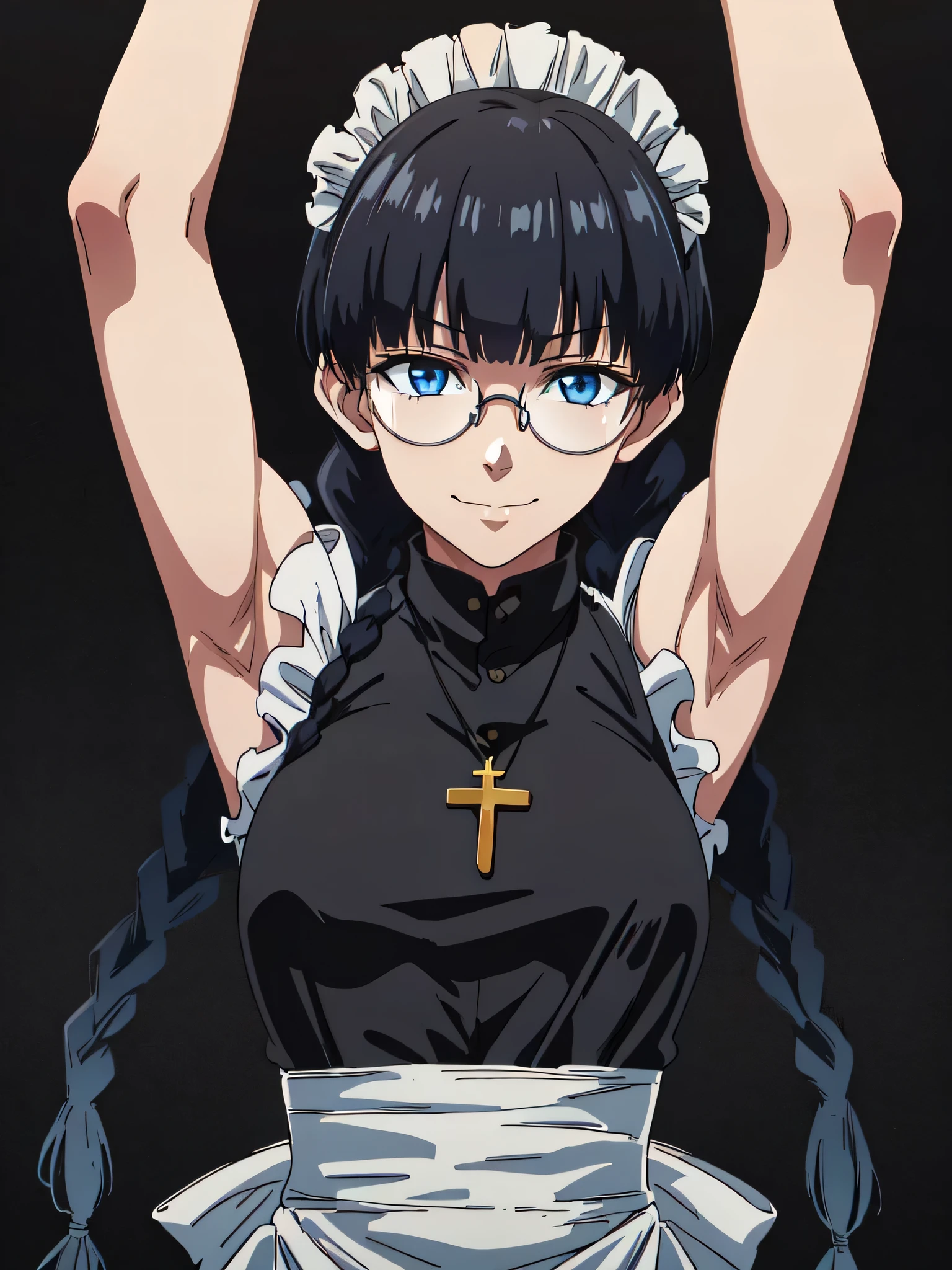 Roberta, large breasts, blue eyes, braid, twin braids, glasses, jewelry, maid, opaque glasses, necklace, apron, cross, frills, maid headdress, cross necklace, long hair, bangs, round eyewear, black hair, sleeveless, bare shoulders, bare arms, 1girl, solo, anime screencap, frontlighting, (simple background, black background, dark background:1.3), masterpiece, absurdres, hdr, soft light, best quality, detailed, highres, shiny skin, shiny hair, (looking at viewer, eye contact with viewer:1.3), smile, smug, (closed mouth:1.2), arm up, raised arm, armpit, (from side, from below:1.4)