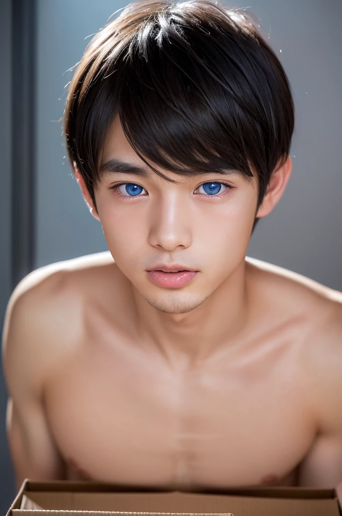 Highest quality, Face Focus, Soft Light, Ultra-high resolution, (Realistic:1.4), RAW Photos, 1. Japanese boy with dog ears, alone, cute, (A shy smile:0.5), (Blue eyes, Light in your eyes), Beautiful face in every detail, (Small box),(High resolution detail of human skin texture), Clean short hair、Sticking out tongue、Subject