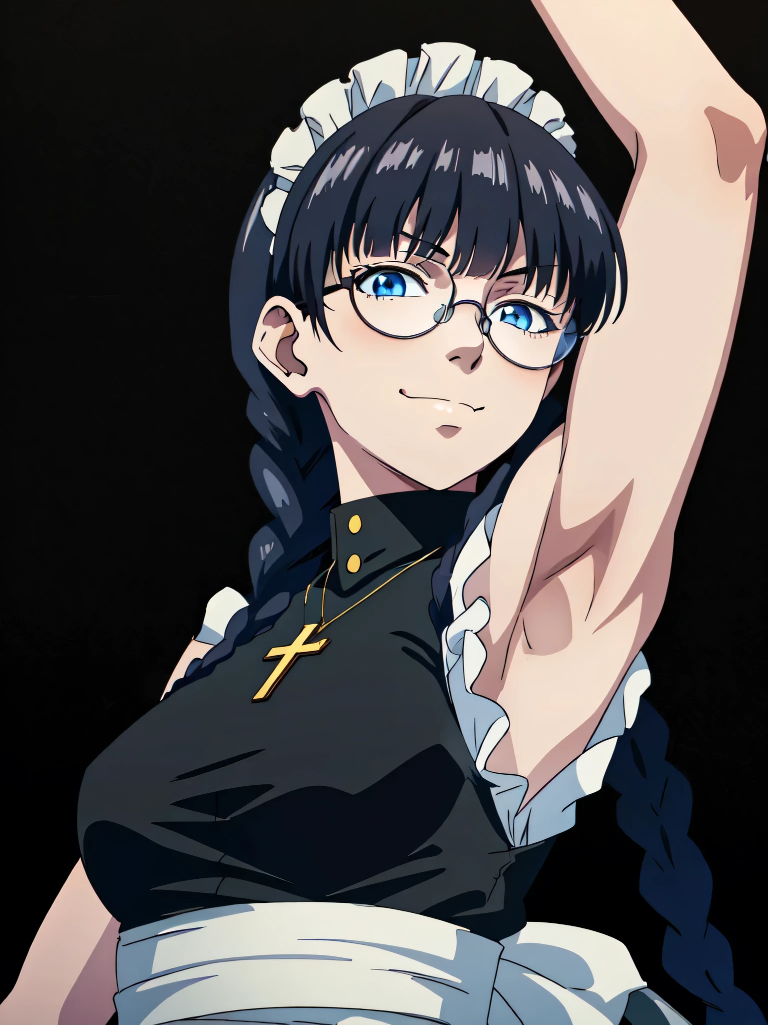 Roberta, large breasts, blue eyes, braid, twin braids, glasses, jewelry, maid, opaque glasses, necklace, apron, cross, frills, maid headdress, cross necklace, long hair, bangs, round eyewear, black hair, sleeveless, bare shoulders, bare arms, 1girl, solo, anime screencap, frontlighting, (simple background, black background, dark background:1.3), masterpiece, absurdres, hdr, soft light, best quality, detailed, highres, shiny skin, shiny hair, (looking at viewer, eye contact with viewer:1.3), smile, smug, (closed mouth:1.2), arm up, raised arm, armpit, (from side, from below:1.4)