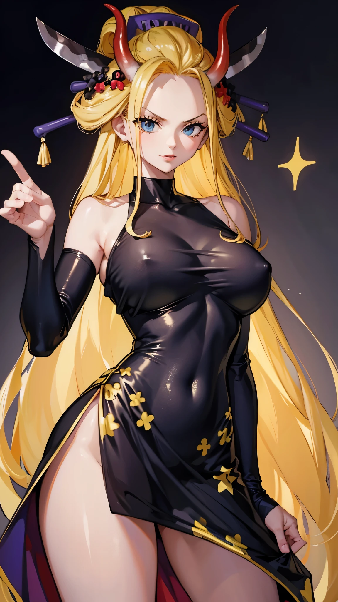 ((top-quality, 8K, masterpiece:1.3)), A detailed eye, (looking at from the front), Look at the camera, ((Everything is sparkling、reflecting light:1.2)), (Best Ratio: 4 fingers, 1 thumb),  ((Black Maria from One Piece))), long hair, yellow hair, cute face,  blushing ,big red lips, half body shot, oni horn, contrapposto, naughty expression, beautiful body,