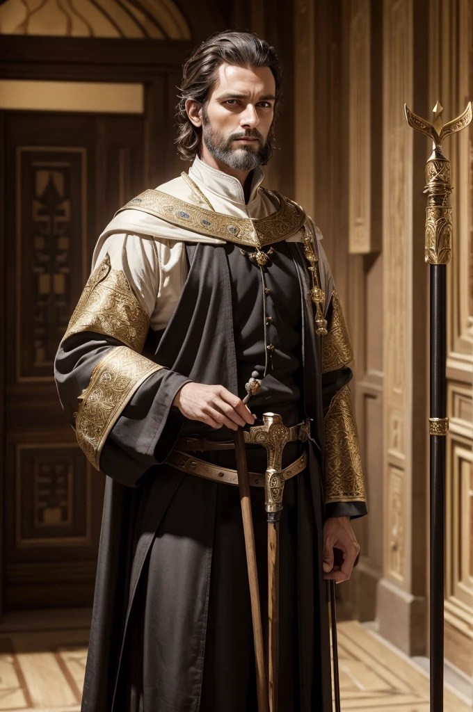 Beautiful eye detail, masterpiece, cinematic lighting, ultra4k quality, looking at viewer, ((slim masculine build)), ((normal anatomy)), white skin, medieval english fantasy theme, a handsome middle aged nobleman with ((short)) dark hair and a very short stubble beard that is neatly trimmed to his jawline, he has intelligent inquisitive eyes, he is dressed in very expensive simple medieval noble clothing and is standing inside the hall of a grand castle, ((he is holding a 3 foot long simple black wooden walking stick cane)), he has a serious facial expression, ((no jewelry, no headwear)), 40 years old, (((his head is bare except for his hair)))