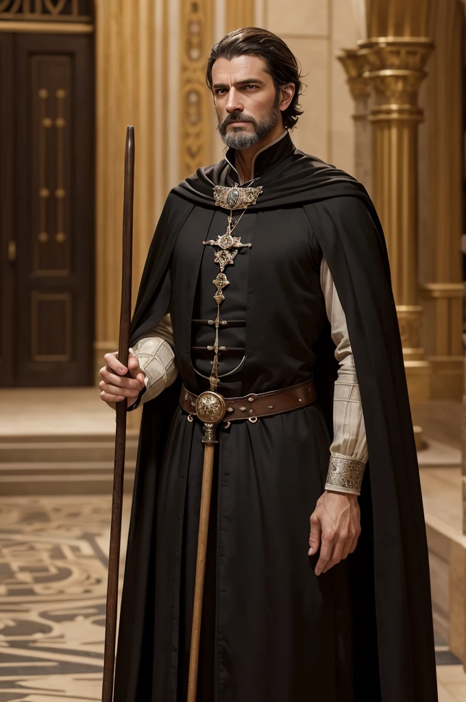 Beautiful eye detail, masterpiece, cinematic lighting, ultra4k quality, looking at viewer, ((slim masculine build)), ((normal anatomy)), white skin, medieval english fantasy theme, a handsome middle aged nobleman with ((short)) dark hair and a very short stubble beard that is neatly trimmed to his jawline, he has intelligent inquisitive eyes, he is dressed in very expensive simple medieval noble clothing and is standing inside the hall of a grand castle, ((he is holding a 3 foot long simple black wooden walking stick cane)), he has a serious facial expression, ((no jewelry, no headwear)), 40 years old, (((his head is bare except for his hair)))