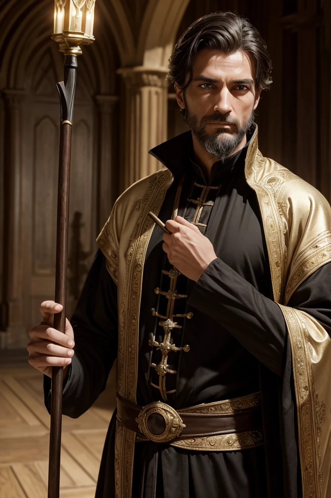Beautiful eye detail, masterpiece, cinematic lighting, ultra4k quality, looking at viewer, ((slim masculine build)), ((normal anatomy)), white skin, medieval english fantasy theme, a handsome middle aged nobleman with ((short)) dark hair and a very short stubble beard that is neatly trimmed to his jawline, he has intelligent inquisitive eyes, he is dressed in very expensive simple medieval noble clothing and is standing inside the hall of a grand castle, ((he is holding a 3 foot long simple black wooden walking stick cane)), he has a serious facial expression, ((no jewelry, no headwear)), 40 years old, (((his head is bare except for his hair)))