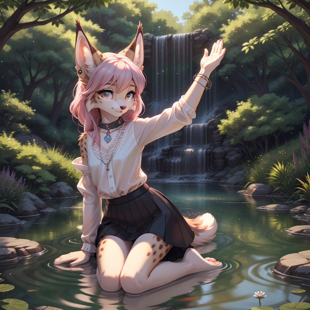 **Prompt:** A beautiful, (masterpiece), high quality, perfect lighting, highly detailed CG Unity 8k wallpaper, high resolution, perfect lighting, youthful, adolescent, tall, slim, skinny, frail slender figure, slim legs, distinctly feminine figure, narrow hips, long legs, close-up shot of a unique female albino lynx character. She has pristine, snow-white fur with a soft, velvety texture, which contrasts strikingly with her pale pink hair, styled in elegant, flowing waves that frame her face. Her eyes are a captivating shade of ice blue, wide and filled with a sense of wonder and curiosity.
She is dressed in a minimalist, elegant outfit: a fitted, long-sleeved white blouse with delicate lace details on the cuffs and collar, paired with a flowing, knee-length skirt in a soft, pastel pink. She wears a thin silver necklace with a small, clear crystal pendant, and matching stud earrings. Her accessories include a pair of white gloves and a small, stylish handbag slung over her shoulder.
The character is posed kneeling by a serene pond, delicately reaching out to touch the surface of the water with one hand, creating gentle ripples. Her expression is one of serene contemplation and curiosity, as she watches the reflections and ripples with a soft, peaceful smile. The background is subtly blurred, suggesting a tranquil garden setting with hints of lush greenery and blooming flowers, enhancing the intimate and reflective mood of the scene.