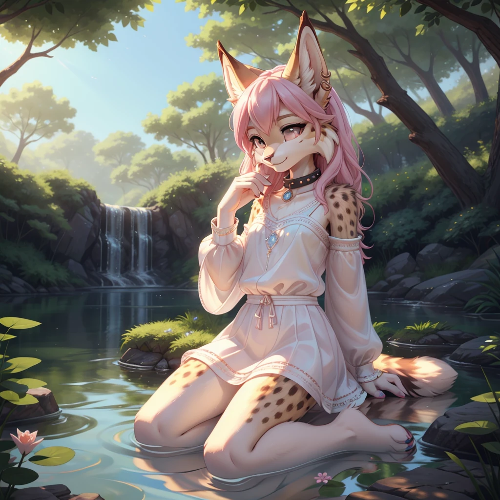 best quality,best resolution,(fluffy anthro furry: 1.8),(young: 1.6),mini girl,3 girls,small chests,cat girl,black long hair,wavy hair,pink fur,pink cat ears,pink cat tail,neck fur,ultra detailed fur,soak white dress,wet seethrough,thin cloth,pink nipple,medium nipple,huge waterfall,beautiful pond,floating flower in water,sparkle water detailed,glittering water detailed,a lot of water steam,sun beam,water dripping from dress,water dripping arms,water dripping legs,wet body,wet face,glasses,flower crown,two eye closed,smile,open mouth,full face blush,reaching hand,