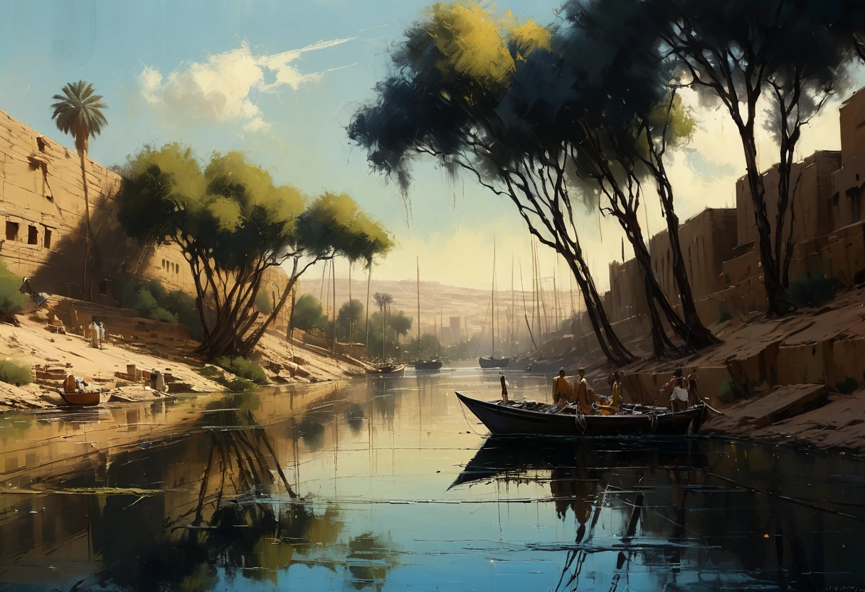 Jeremy Mann. (Nature and Landscapes painting) masterpiece. Impasto oil painting, textured. Saturated deep colors. High contrast. Detail. Multi-layered image with cellular shadows. Beautiful Landscapes, Perfect Nature, Nile landscape in Aswan, Sailboats on the Nile River Aswan, Clear Egyptian sky, featuring local flora and fauna, golden ratio, award winning, highly detailed, centered, drawn, complex, volumetric lighting, beautiful, masterpiece, depth of field, perfect composition, high resolution 8K, palette knife and brush strokes, Brown tree trunks, shadows rich in color, Artist does not use black, Artistic style of a professional artist., epic royal background, big royal uncropped crown, royal jewelry, robotic, nature, full shot, symmetrical, Greg Rutkowski, Charlie Bowater, Beeple, Unreal 5, hyperrealistic, dynamic lighting.