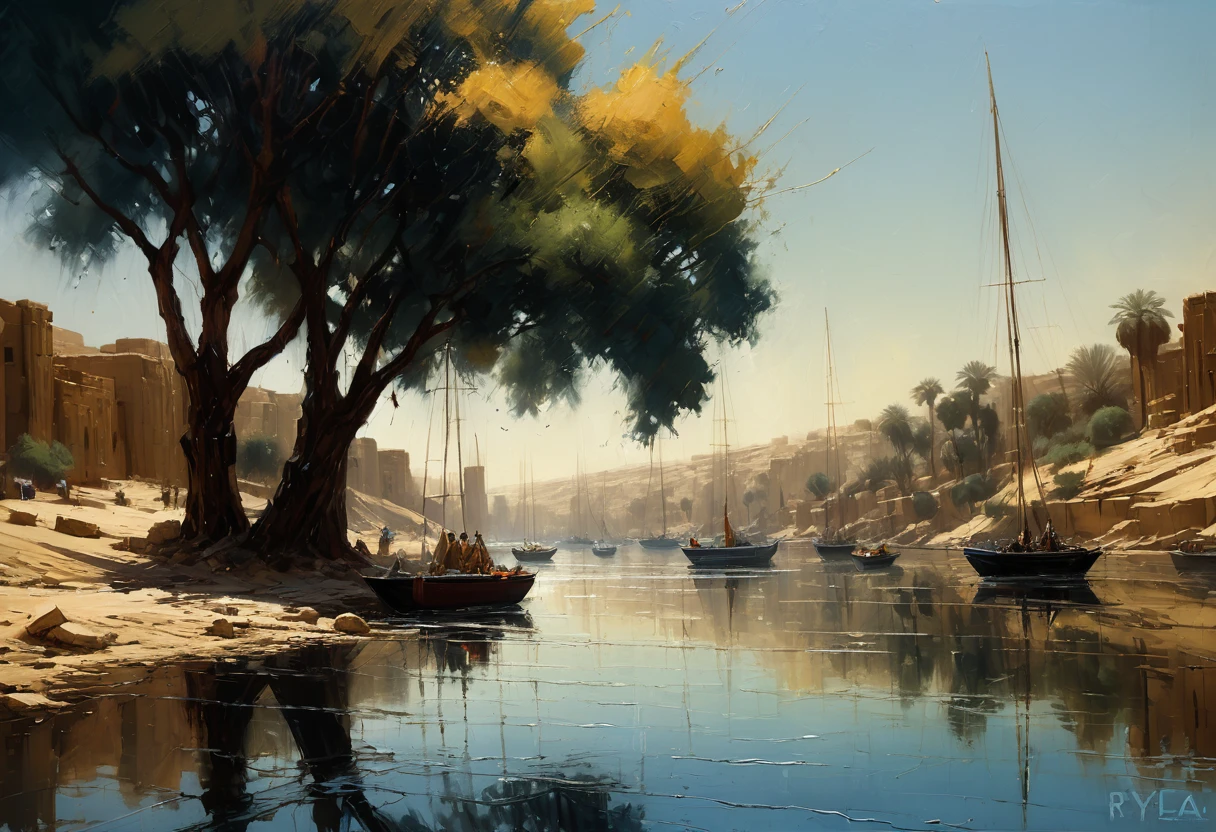 Jeremy Mann. (Nature and Landscapes painting) masterpiece. Impasto oil painting, textured. Saturated deep colors. High contrast. Detail. Multi-layered image with cellular shadows. Beautiful Landscapes, Perfect Nature, Nile landscape in Aswan, Sailboats on the Nile River Aswan, Clear Egyptian sky, featuring local flora and fauna, golden ratio, award winning, highly detailed, centered, drawn, complex, volumetric lighting, beautiful, masterpiece, depth of field, perfect composition, high resolution 8K, palette knife and brush strokes, Brown tree trunks, shadows rich in color, Artist does not use black, Artistic style of a professional artist., epic royal background, big royal uncropped crown, royal jewelry, robotic, nature, full shot, symmetrical, Greg Rutkowski, Charlie Bowater, Beeple, Unreal 5, hyperrealistic, dynamic lighting.