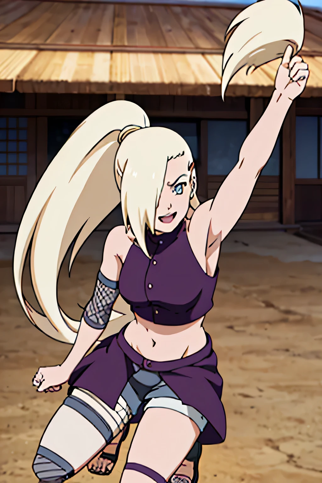 (Position yourself for the audience.), Ino Yamanaka, looking at the audience, charming, Groin, cowboy shoot, Extraordinarily detailed face, sunny day, Daytime, upper body view, anime style, alone, House details, Blonde, ((One eye is covered with fur., Hair over the eyes)), Medium bust, Belly button, looking at the audience, (off shoulder, Broad shoulders, curved body), hidden eyes, smile, open mouth, very happy, high, Hair clips, Looks sharp, Sharp face, Sharp eyes, cool colors,Knees up,Beautiful legs,Leg kick,Fighting posture, jump
