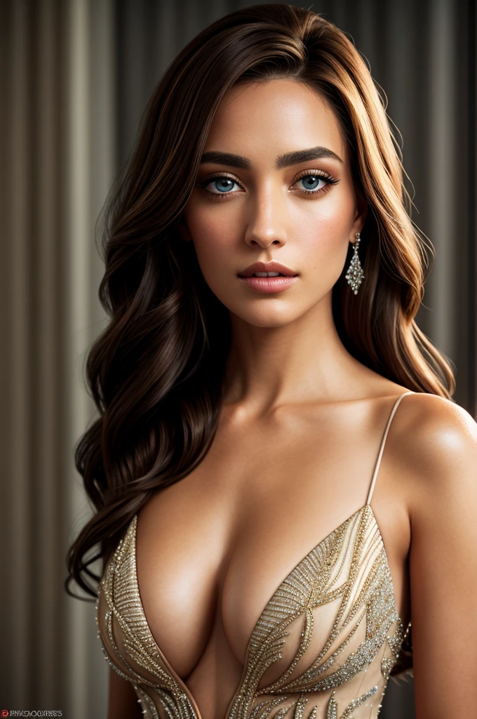 grips her neck, drawing attention to her elegant décolletage. The dress itself is a masterpiece in itself, with intricate beading and sequins shimmering under the ultrahigh-resolution, cinematic lighting. The «best quality, ultra-detailed» description hits every angle of this seductive portrait. Her brunette hair, highlighted with hints of blonde, cascades down her back, catching the light and framing her face. Her eyes, shrouded in mystery and allure, are captured in the highest detail, with intense depth and a subtle sparkle that leaves you captivated.
Used equipment: Canon EOS R5, Canon