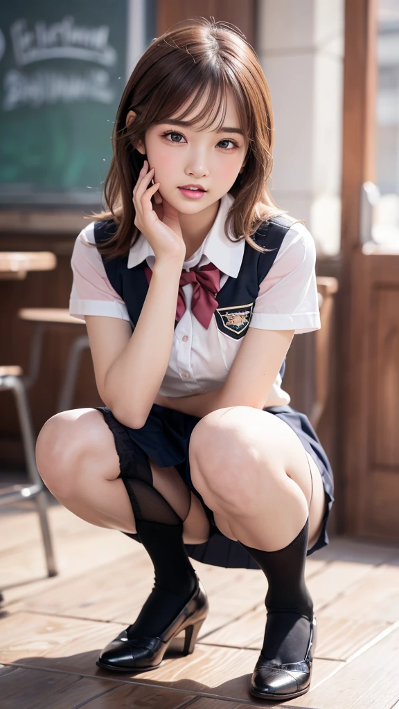(Showing off panties:1.2), (Professional portrait, Realistic and perfectly shaped subjects:1.3), (masterpiece, highest quality:1.2), (Realistic, Ultra-realistic, Realistic:1.3), (ultra High resolution), High resolution, Intricate details, Super detailed, (Highly detailed CG, unity 8k wallpaper:1.3), Clear image,
break
(1 Japanese girl, 16 years old), (cute, Slender figure), (Perfect Anatomy, Correct limbs:1.2), (Perfect hands), Perfect Arms, Beautiful and delicate face down to the last detail, Beautiful and delicate eye and eye highlights, (Very thin and delicate、not too long lashes), (Captivating eyes, Beautifully detailed eyes and face), light makeup, Pink Lip, Lip gloss, Stylish face, (Shiny skin, Realistic skin detail), Brown bob Hair, (Plump breast),
break
((school uniform)), (High school girl), (Black socks), shirt open
break
cafe, squatting, (Cowboy Shot), break
(((blush:1.4))), ((Embarrassing:1.4)), (((shy:1.5)))
break
from below
break