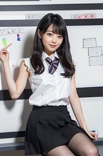 A beautiful woman, like a model, wearing a yellow sleeveless shirt、She is wearing a black skirt and grey stockings.。She sat on a chair、One leg crossed over the other、The gaze is directed towards the camera。Long black hair hangs naturally、My bangs are in shape。(On the background of a whiteboard at a prep school:1.4)。Her posture and expression are full of confidence.、Gives an attractive impression。