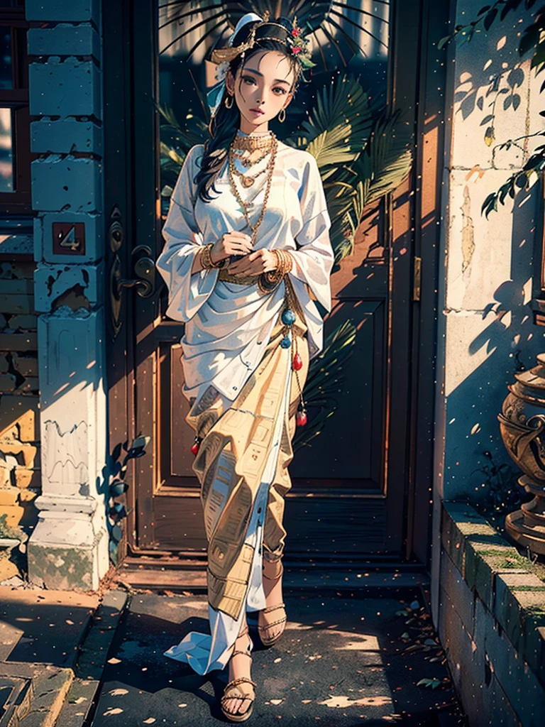 (best quality,4k,8k,highres,masterpiece:1.2),ultra-detailed,(realistic,photorealistic,photo-realistic:1.37), MMTD Burmese patterned traditional dress, beautiful lady wearing the dress, detailed eyes and face, long eyelashes, wear pearl necklaces and gold bracelets, soft natural lighting ,ancient city,standing full body details