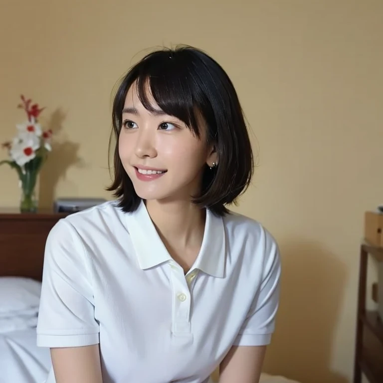 (Masterpiece, Best quality:1.3), (Ultra realistic, Photo-realistic:1.2), looking at each other, Natural light, 28 years old actress, Japanese beautiful 2 women, Neat and clean, (White damaged tennis uniform, White short-sleeve polo shirt with darknavy line collar:1.1), (unbutton:1.2), (White pleated skirt:1.1), white sock, (ponytail:1.2), (Beautiful faces), Oval face, clear, Beautiful eyes, Kind eyes, Clear skin, Small face, Beautiful mouth, Small mouth, Natural makeup, Approachable, (nsfw:1.1), Seductive smile, (Seductive pose:1.2), Beautiful thighs, Bedroom eyes, Embarrassed, Blush, Luxury hotel Suite room, On bed, obscene reality of girls, (lesbian couple 2girls, petting together:1.1), grabbing crotch, erotic touch, arms behind back, kneeling, restraint