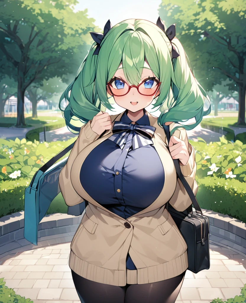 One Woman、Braided twin tails、Huge breasts、（Huge breasts：1.8)、Glasses、blue eyes、Green Hair、, （Daytime park background）,、（Primary school studentsschool studentsの女の子達に見られている）、