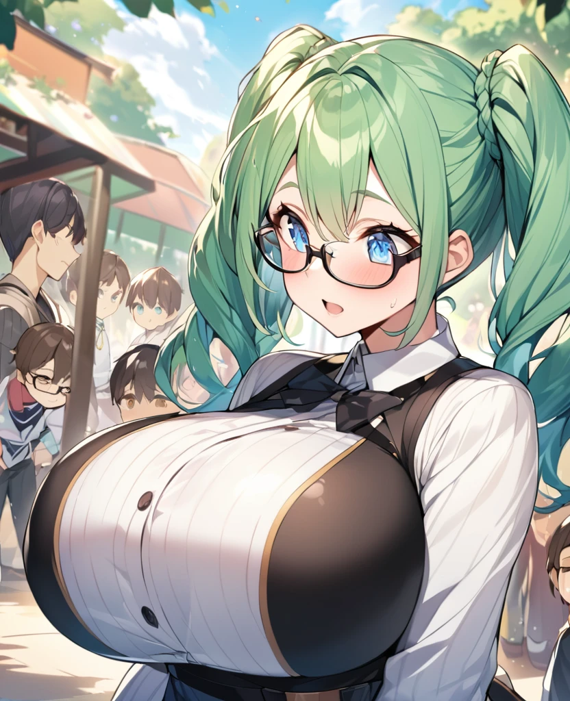 One Woman、Braided twin tails、Huge breasts、（Huge breasts：1.8)、Glasses、blue eyes、Green Hair、, （Daytime park background）,、（Being watched by  boys）,（Being watched by little）、