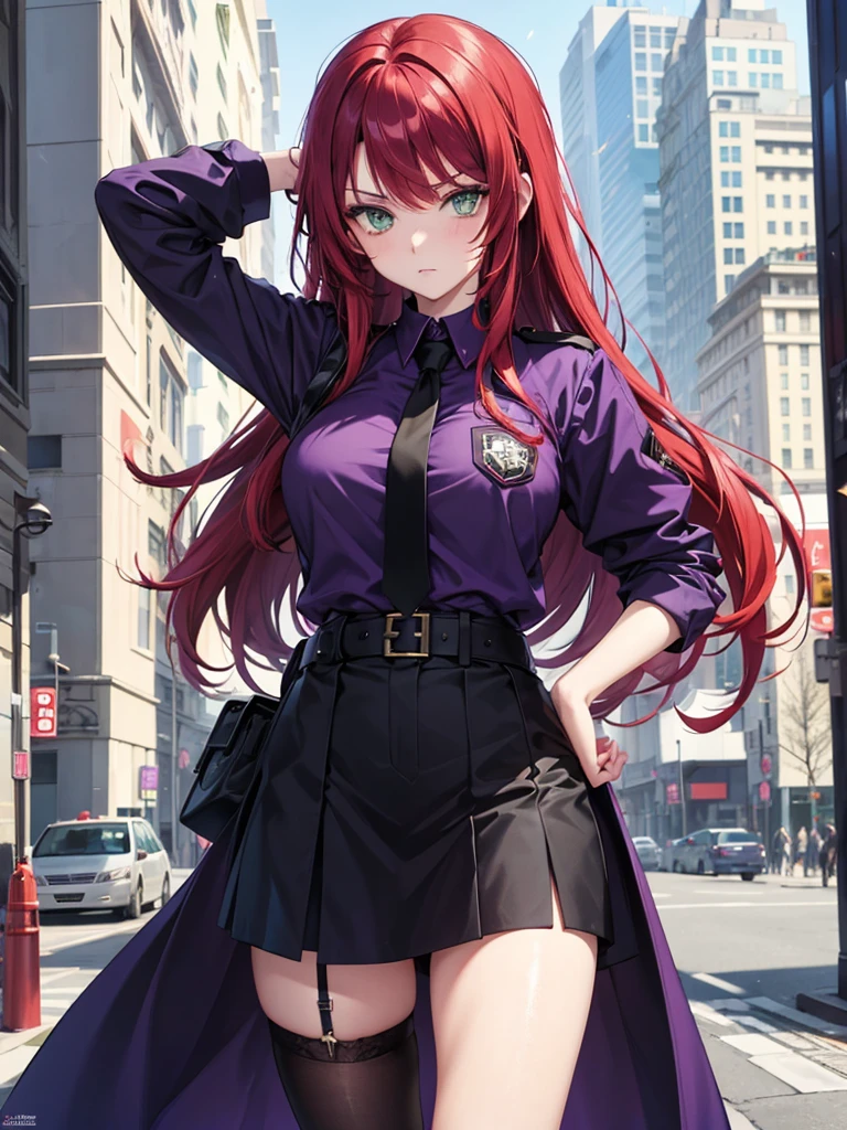 girl, green eyes, long red hair, she hair messy wavy. wear purple black uniform, arogant, independent woman, thug. bad girl. itimidating women.