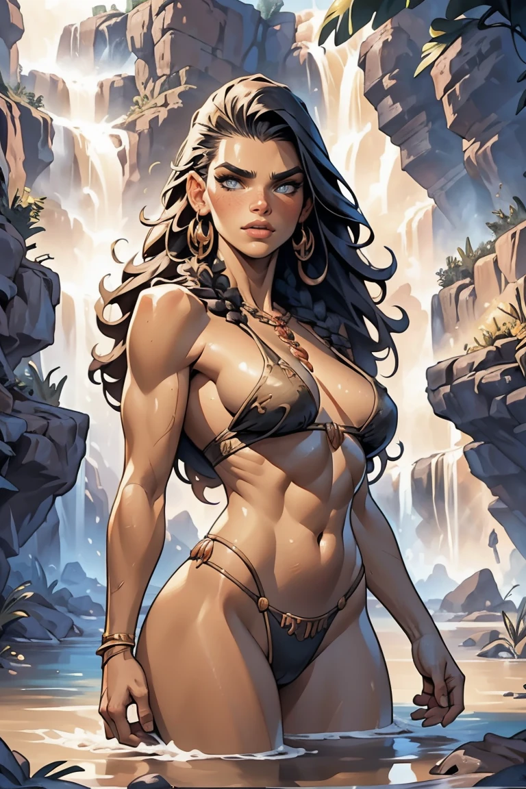 a naked female cavewoman based on kendall Kardashian, highly detailed cinematic fantasy illustration, black outlining, full color illustration, in the style of BORIS VALLEJO & JULIE BELL, masterpiece, 8k, ultra-detailed, physically-based rendering, vivid colors, dramatic lighting, intricate background, photorealistic