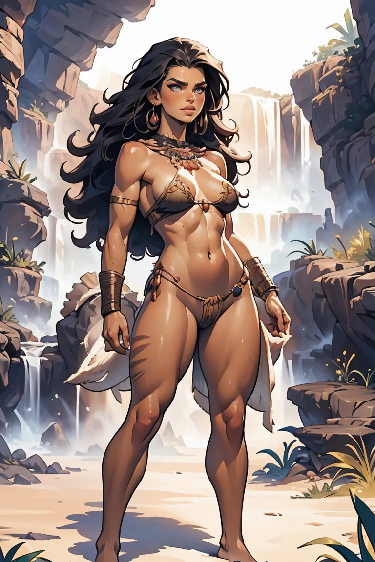 a naked female cavewoman based on kendall Kardashian, highly detailed cinematic fantasy illustration, black outlining, full color illustration, in the style of BORIS VALLEJO & JULIE BELL, masterpiece, 8k, ultra-detailed, physically-based rendering, vivid colors, dramatic lighting, intricate background, photorealistic