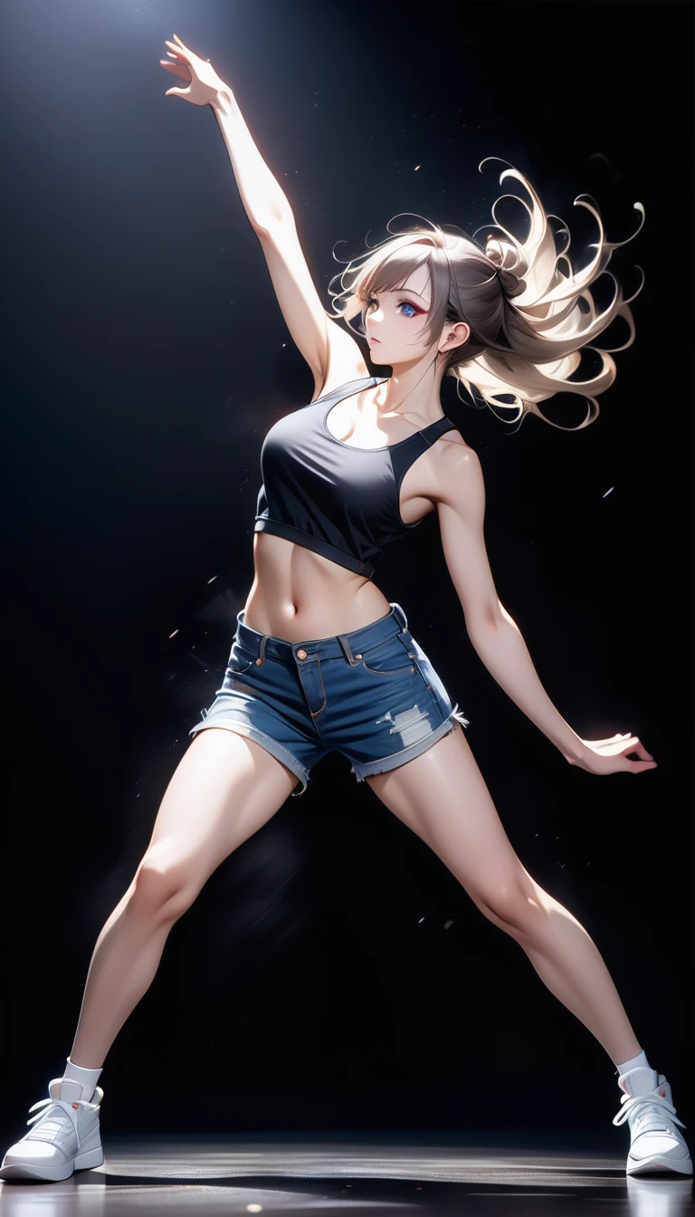 (Generated in SFW:2.0), masterpiece, Highest quality, Realistic photos, RAW Photos, dynamic dancing woman, alone, Beautiful Face, Bangs that fall on the forehead, Casual clothing, (Tight tank top:1.2), (Denim shorts:1.2), No sleeve, Seductive body lines, alluring looks, break, Cool dance, break, Hip Hop Dance, (Black background color:1.5), (A dark background to make your subject stand out:1.1), (Focus on the eyes), (Full Body Shot:1.2), break, Street dance, Hip Hop Dance, Club dance, dynamic pose, dynamic, Moments that captivate you, Concentrated face, View your viewers, bend, Spread your legs, Cool pose, Apply random anagrams to create completely different new works,