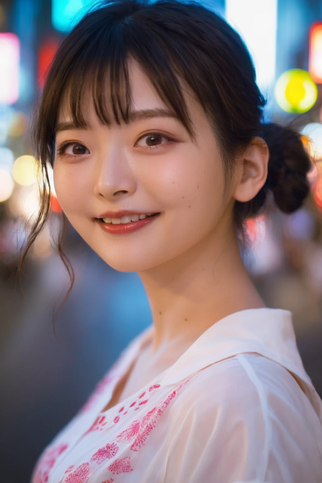 One girl,Japanese Girls,(RAW Photos, Highest quality), (Realistic, photo-Realistic:1.4), masterpiece, Very delicate and beautiful, Very detailed, 2k wallpaper, wonderful, In detail, Very detailed CG unity 8k wallpaper, Very detailed, High resolution, Hard Light, Beautiful detailed girl, Very detailed eyes and face, Beautifully detailed nose, Beautiful attention to detail,Cinema Lighting,Perfect Anatomy,
On the streets of Shibuya,Tokyo, Neon Light,City lights at night,crowd,(Bokeh:1.2)
(Wearing a blouse)  smile