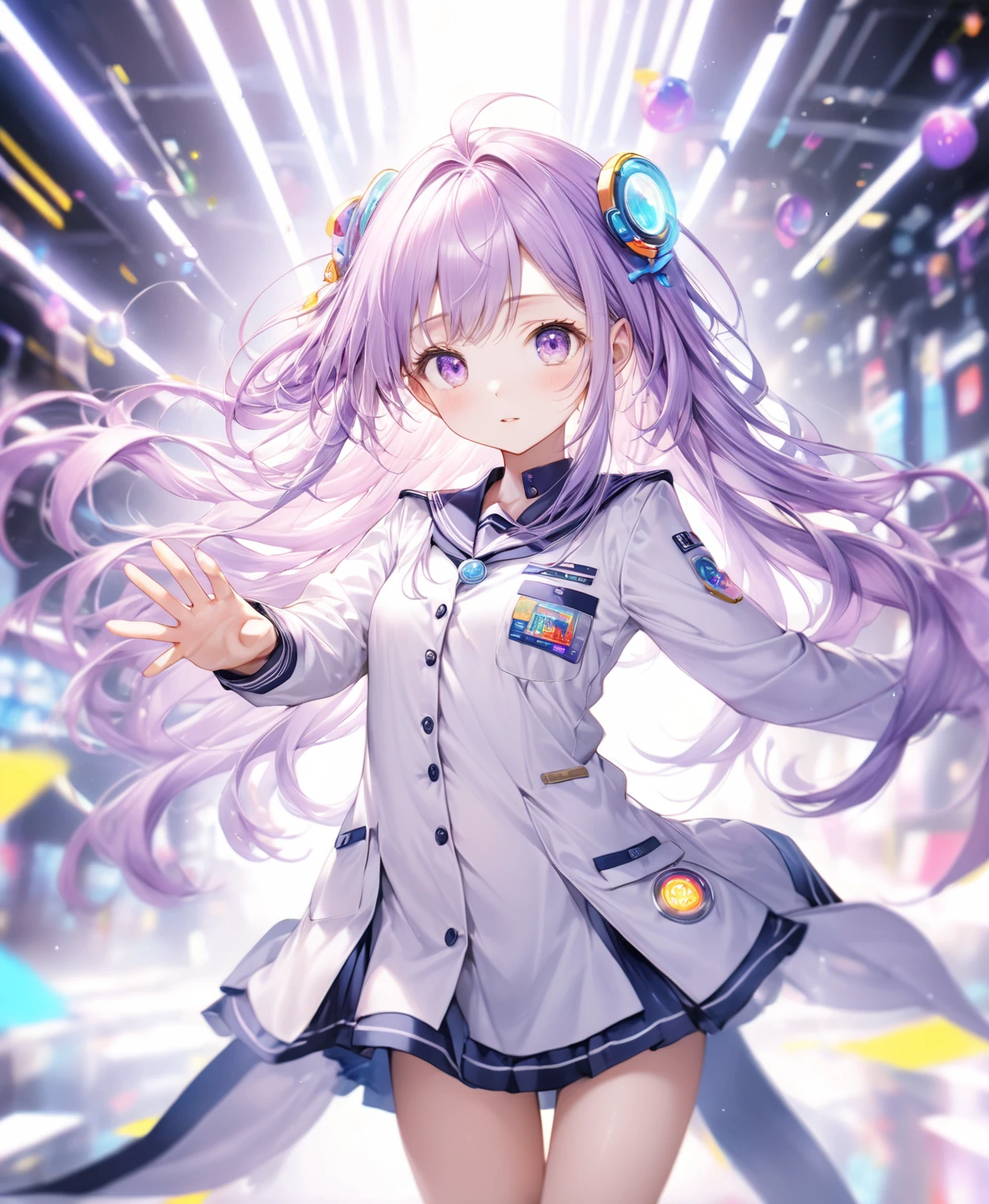 (Highest quality,8k,32K,masterpiece,Ultra-high resolution :1.2 ),to be born,One Girl,So cute,Natural light,clear, Shining Eyes,20-year-old,Fair skin,Electronic World Fantasy Background, Light purple hair, A little colorful hair, In uniform, , Long Hair, A dynamic pose