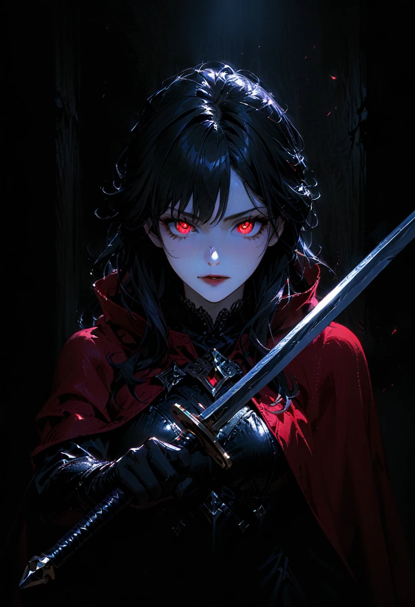 (full body portrait), 1girl, solo, holding weapon, sword, (long black hair), detailed face, mischief expression, pale white skin, red eyes, (detailed eyes), long eyelashes, black eye liner, red lipstick, black tunic, red cloak, long dress, leather glove, (chest armor), moonlight, hard lighting, blue light, cold light, (medieval theme), (masterpiece), super detailed, best quality, POV, dw01-3400