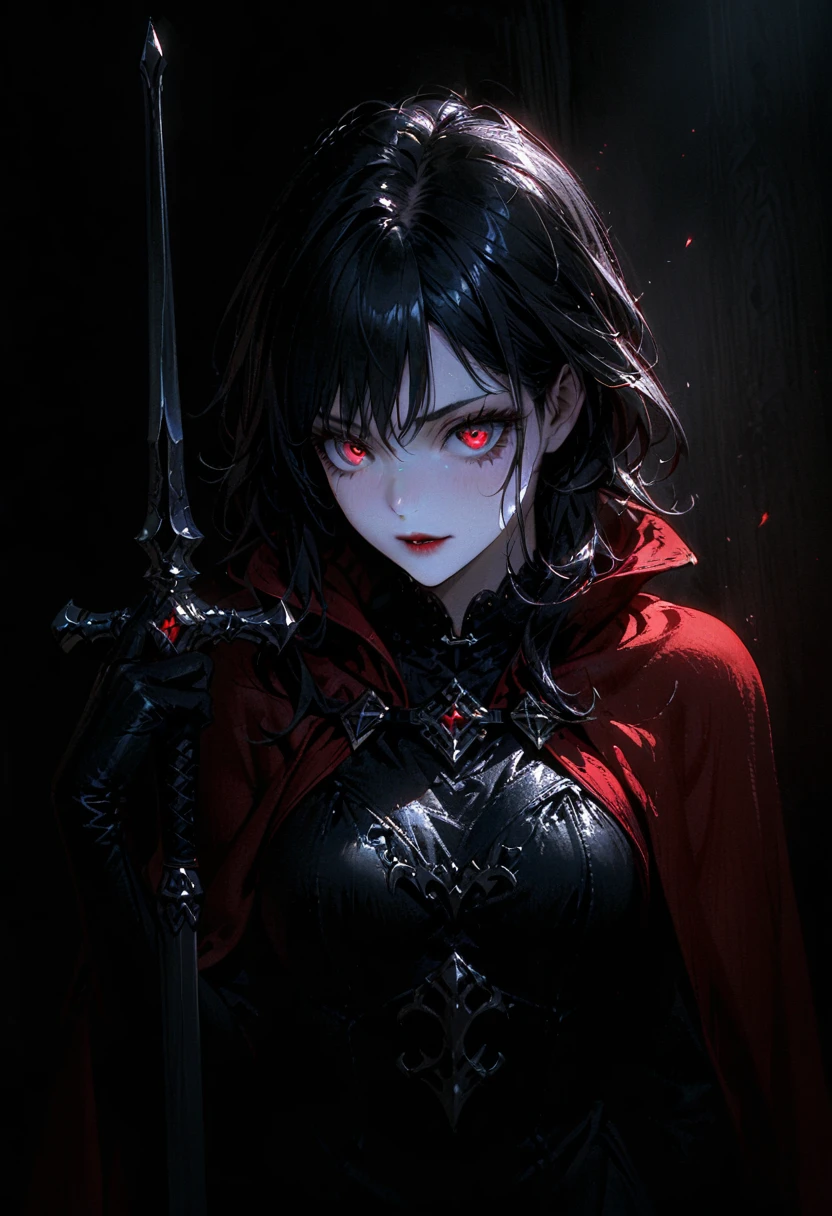 (full body portrait), 1girl, solo, holding weapon, sword, (long black hair), detailed face, mischief expression, pale white skin, red eyes, (detailed eyes), long eyelashes, black eye liner, red lipstick, black tunic, red cloak, long dress, leather glove, (chest armor), moonlight, hard lighting, blue light, cold light, (medieval theme), (masterpiece), super detailed, best quality, POV, dw01-3400