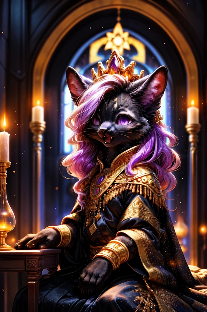 ASCIIrealisti, ​masterpiece,
(Three quarters back) VIEW, back, over shoulder, shot above,
adorable (feminine (anthro ((grau|black) cat))), detailed and extremely fluffy body fur,
shiny coat, purple eyes, small breasts, adorable fangs,
sit on a table, sexy Pose,
((Long wavy purple hair, Hair above the eye)),
(purple and black elegant dress|Starry Night Empress Robes, dark dress, reminiscent of a starry sky, flowing cape, Crescent Accessories),
Shimmering Gold, gold necklace, Gold anklets, Gold Bracelets, Golden Belt, golden chain decoration, golden tiara,
Half Closed Eyes, open mouth, Happy,
uploaded to e621, (By Hasui Kawase:0.5), von Barbara Takenaga, von Affandi, von Beatrice Ethel Lithiby, by Catcouch,
furrycore,
Night time,
decorated fantasy throne room, colored magic lights, Dim the light,
Antique brass lamps, Hanging brass lamps with stained glass panels cast warm and colorful light into the room, lavishly decorated bed, Cryptic Alchemy Lab radiates an unearthly glow, that defies the laws of natural light., Alchemy laboratory with bubbling potions and mysterious ingredients, living crystalline column,
detailed, realisti, 8K  UHD, good quality, good quality photography, 3-point lighting, Flash with softbox, 4K, Canon EOS R3, HDR, smooth, keen focus, High resolution, Award-winning photo, 80mm, f2.8, bokeh,
Film composition, cinematic lighting,highly detailed, ​masterpiece, best quality, realisti, (intricate:0.9), (High level of detail:1.4), film photograhpy, keen focus,
