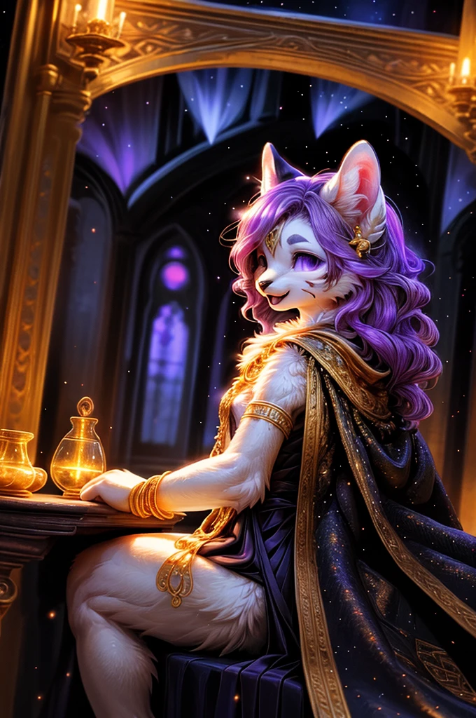 ASCIIrealisti, ​masterpiece,
(Three quarters back) VIEW, back, over shoulder, shot above,
adorable (feminine (anthro ((grau|black) cat))), detailed and extremely fluffy body fur,
shiny coat, purple eyes, small , adorable fangs,
sit on a table, sexy Pose,
((Long wavy purple hair, Hair above the eye)),
(purple and black elegant dress|Starry Night Empress Robes, dark dress, reminiscent of a starry sky, flowing cape, Crescent Accessories),
Shimmering Gold, gold necklace, Gold anklets, Gold Bracelets, Golden Belt, golden chain decoration, golden tiara,
Half Closed Eyes, open mouth, Happy,
uploaded to e621, (By Hasui Kawase:0.5), von Barbara Takenaga, von Affandi, von Beatrice Ethel Lithiby, by Catcouch,
furrycore,
Night time,
decorated fantasy throne room, colored magic lights, Dim the light,
Antique brass lamps, Hanging brass lamps with stained glass panels cast warm and colorful light into the room, lavishly decorated bed, Cryptic Alchemy Lab radiates an unearthly glow, that defies the laws of natural light., Alchemy laboratory with bubbling potions and mysterious ingredients, living crystalline column,
detailed, realisti, 8K  UHD, good quality, good quality photography, 3-point lighting, Flash with softbox, 4K, Canon EOS R3, HDR, smooth, keen focus, High resolution, Award-winning photo, 80mm, f2.8, bokeh,
Film composition, cinematic lighting,highly detailed, ​masterpiece, best quality, realisti, (intricate:0.9), (High level of detail:1.4), film photograhpy, keen focus,