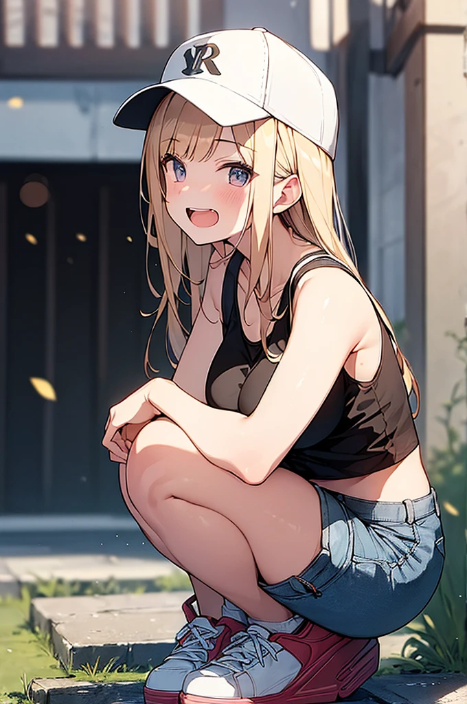 (Masterpiece, Top quality:1.5), 1 beautiful girl, squatting down, from side, Blonde, medium Hair, wavy Hair, asymmetry bangs, swept bangs, airy hair, large breasts:1.2, 16 year old, standard weight, (tank top, Shorts :1.3), baseball cap, smile:1.3, blush, beautiful scene of narrow Alley, blurry background, magnificent panorama view, blurry background, open mouth