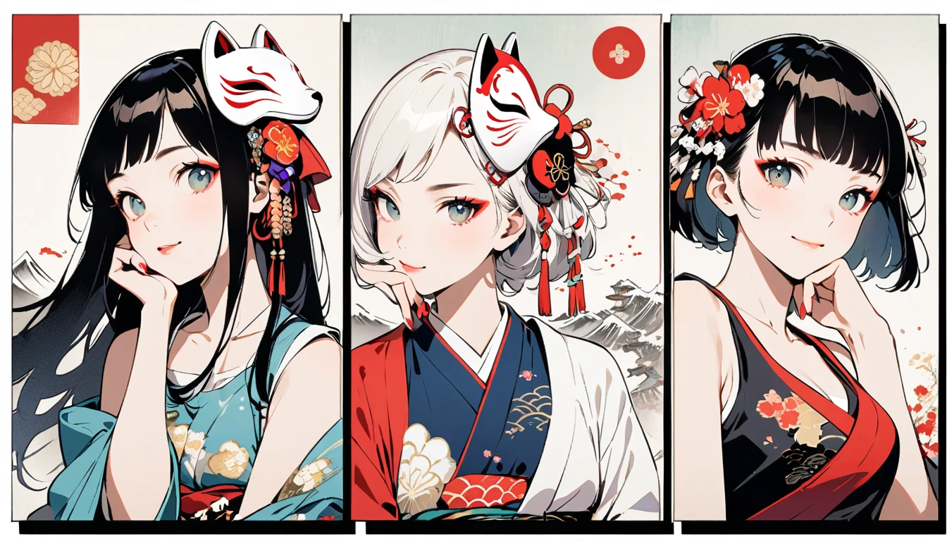 (((Ink Painting))), Fashion portrait color photos, (((1 girl))), (((Put a white fox mask on your head))), (((Japanese pattern tank top))), (((Very flashy hair accessories))), (((Very flashy makeup))), (((cheek rest))), Japanese style headphones, smile, front view, Japan人の美少女, Black Hair, Delicate and precise, Modern ukiyo-e style,Japan, Japanese flag