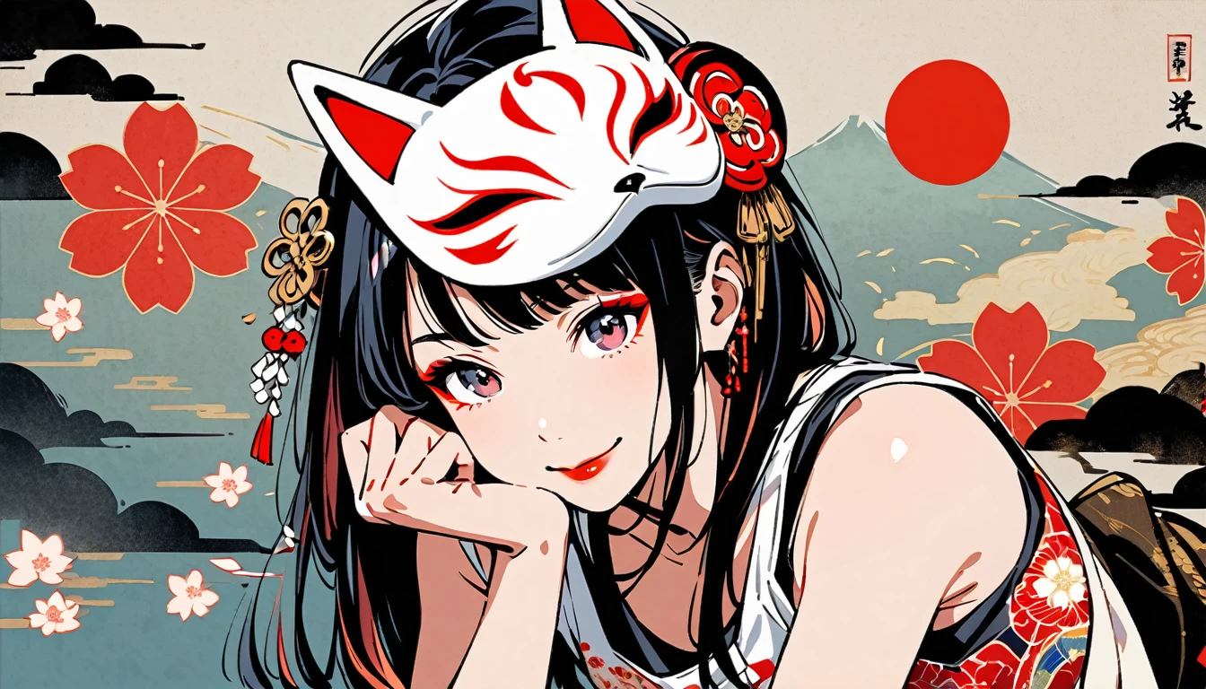 (((Ink Painting))), Fashion portrait color photos, (((1 girl))), (((Put a white fox mask on your head))), (((Japanese pattern tank top))), (((Very flashy hair accessories))), (((Very flashy makeup))), (((cheek rest))), Japanese style headphones, smile, front view, Japan人の美少女, Black Hair, Delicate and precise, Modern ukiyo-e style,Japan, Japanese flag