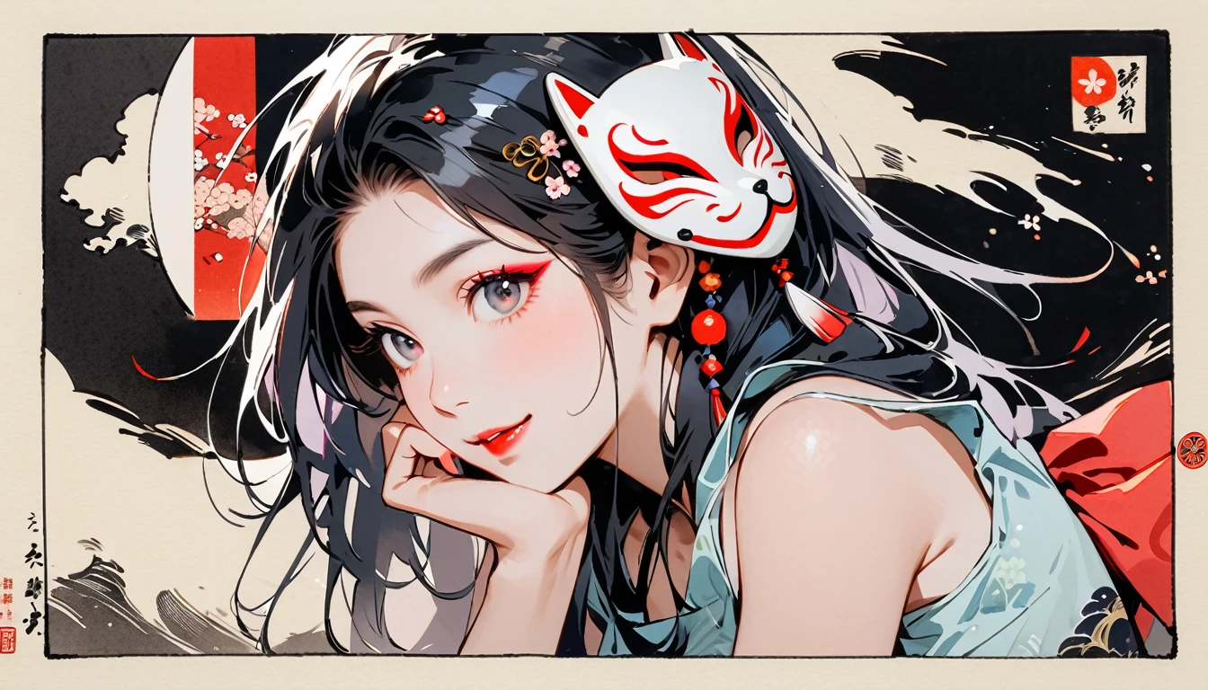 (((Ink Painting))), Fashion portrait color photos, (((1 girl))), (((Put a white fox mask on your head))), (((Japanese pattern tank top))), (((Very flashy hair accessories))), (((Very flashy makeup))), (((cheek rest))), Japanese style headphones, smile, front view, Japan人の美少女, Black Hair, Delicate and precise, Modern ukiyo-e style,Japan, Japanese flag