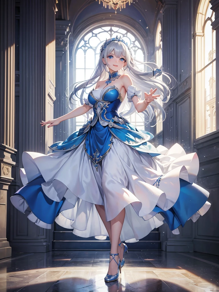 masterpiece. best quality. A woman in a  blue long dress. blue eyes. She has silver hair. She is smiling. She is dancing at the ballroom of Palace. full-body. realistic hands. detailed hands.