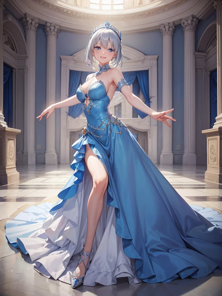 masterpiece. best quality. A woman in a blue long dress. blue eyes. She has silver hair. She is smiling. She is dancing at the ballroom of Palace. full-body. realistic hands. detailed hands.