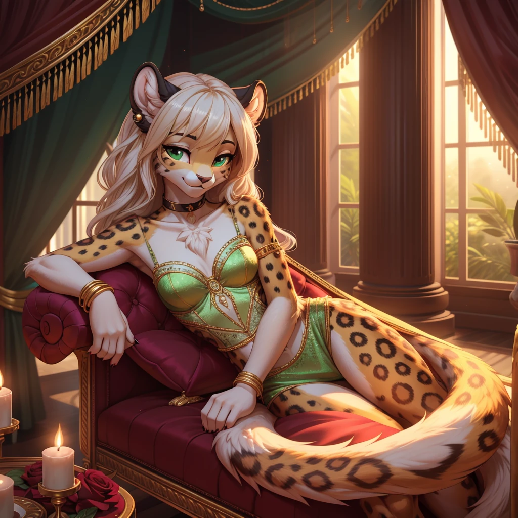 **Prompt:** A beautiful, (masterpiece), high quality, perfect lighting, highly detailed CG Unity 8k wallpaper, high resolution, perfect lighting, youthful, adolescent, tall, slim, skinny, frail slender figure, slim legs, distinctly feminine figure, narrow hips, long legs, close-up shot of a unique female leopard character. She has sleek, golden-yellow fur adorned with intricate rosette patterns in deep black, giving her a striking and exotic appearance. Her hair is long, flowing, and jet black, cascading down her back and partially covering one side of her face. Her eyes are a deep, enchanting green, filled with a mysterious allure.
She is dressed in a sensuous, elegant outfit: a form-fitting silk camisole in deep emerald green with delicate lace trim, paired with a sheer, flowing wrap that drapes over her shoulders and arms, adding a touch of sophistication and grace. Her accessories include a pair of dangling silver earrings, a thin, diamond-studded choker, and a delicate silver bracelet. She holds a single, deep red rose in one hand, its petals soft and velvety against her fur.
The character is posed reclining on a luxurious, plush chaise lounge upholstered in rich velvet. One leg is elegantly draped over the side, while her other leg is bent slightly at the knee. Her free hand rests lightly on the back of the chaise, fingers gently curled. Her expression is soft and inviting, with a slight, knowing smile and half-closed eyes that exude a sense of calm and sensuality. The background is softly blurred, with hints of a lavish, dimly lit room adorned with rich fabrics and ornate decor, creating an intimate and romantic atmosphere that enhances the character's allure and the captivating mood of the scene.