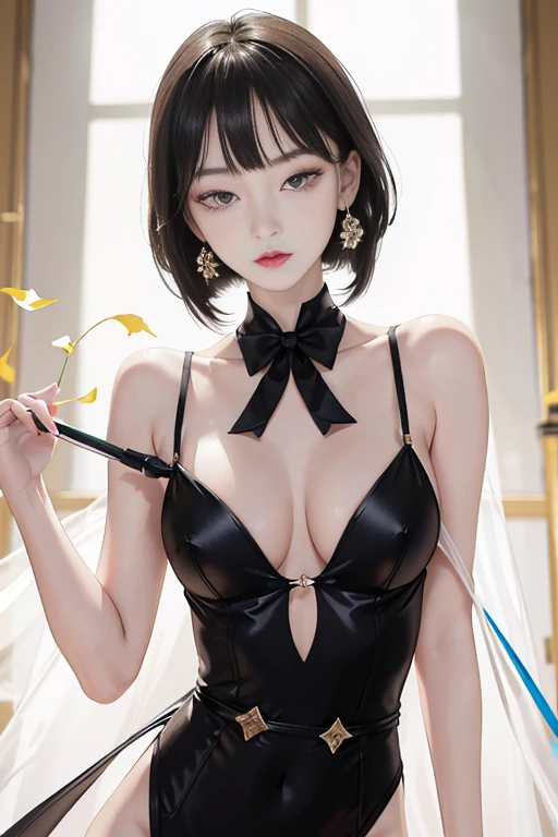 tsuruta ichiro, Narrow-eyed, 1girl in, Allback、deadpan、short-hair、shorth hair、brow、Reluctance、A dark-haired、Tucked Hair Solo, Cowgirl, Onepiece, ((mideum breasts)), Thin slit eyes、Black eyes, Light shines on the eyes、Black hair, gloves, Dress, Luxurious Jewelry, earrings, sharp eye、 elbow groves,Raise your hands and tie your hair back, random color, random color dress, Makeup for long eyes, Slender eyes、lip stick, Complex petal pattern, Rim Light, Back Light, pastel color,Studio Lighting