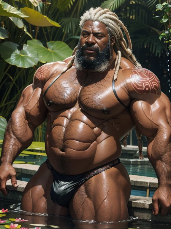 Hyperrealistic image of an African man., a superhero with his chest dripping cream, very old and very sweaty, very gray-haired bodybuilder with dreadlocks, more than 80 years, very muscular and fat, more than 200 kilos, with bare torso, big, flaccid tattooed pectorales, huge, brown nipples gray whiskers wearing a red lace thong in a fountain full of water lilies   