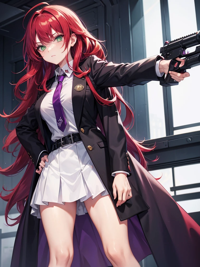 girl, green eyes, long red hair, she hair messy wavy. wear purple black uniform, arogant, independent woman, thug. bad girl. itimidating women.