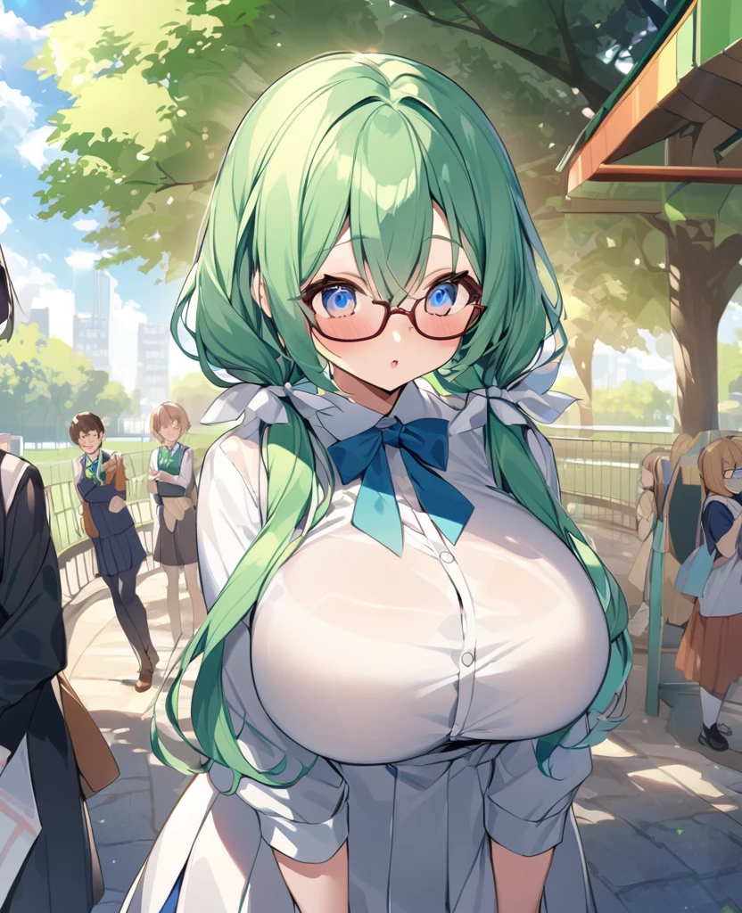 One Woman、Braided twin tails、Huge breasts、（Huge breasts：1.8)、Glasses、blue eyes、Green Hair、, （Daytime park background）,、（Primary school studentsschool studentsの女の子達に見られている）、