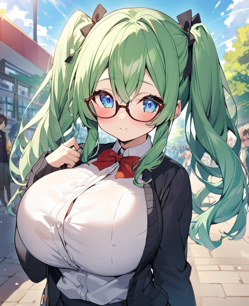 One Woman、Braided twin tails、Huge breasts、（Huge breasts：1.8)、Glasses、blue eyes、Green Hair、, （Daytime park background）,Primary school students、（Primary school studentsの男の子達に見られている）,（Primary school studentsの女の子達に見られている）、