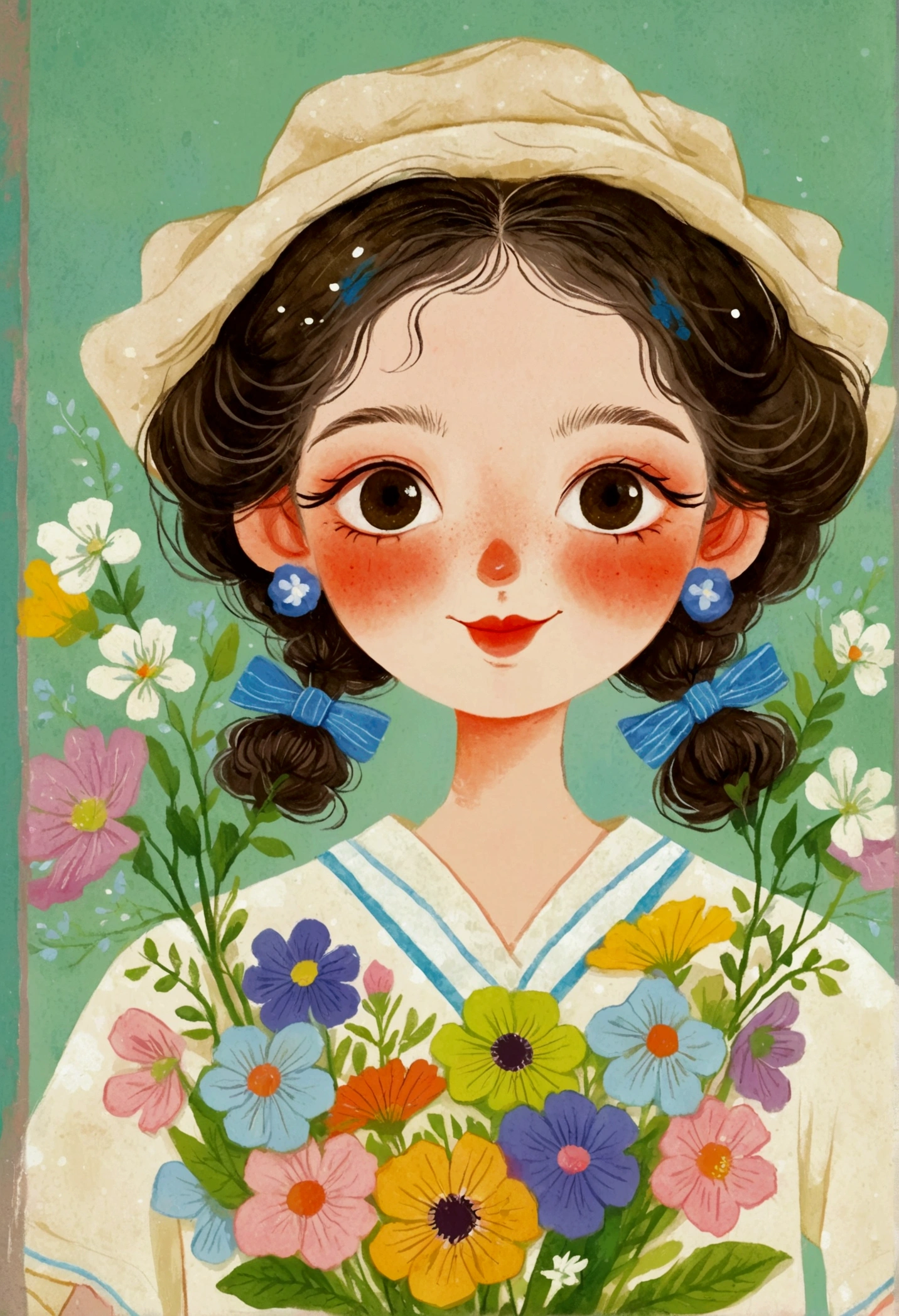 Portrait of a girl holding flowers，big eyes，Laugh out loud，teeth， Folk Art, cute illustrations, Samada, Japanese illustrator,Lots of flowers, a beautiful artwork illustrations,Print!, beautiful digital illustrations, Nurses' Day，Nurse hat
