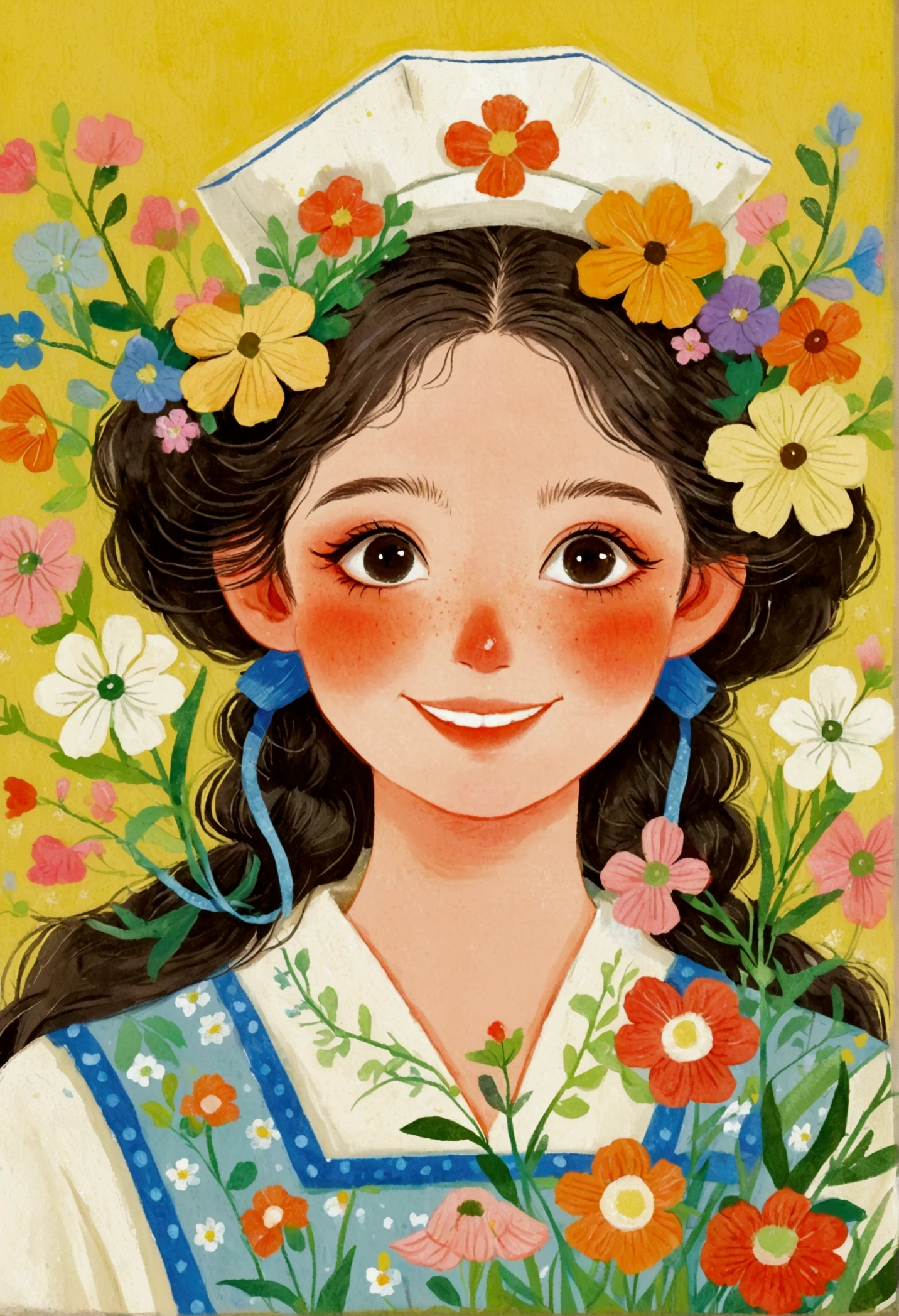 Portrait of a girl holding flowers,big eyes,Laugh out loud,teeth, Folk Art, cute illustrations, Samada, Japanese illustrator,Lots of flowers, a beautiful artwork illustrations,Print!, beautiful digital illustrations, Nurses' Day,Nurse hat