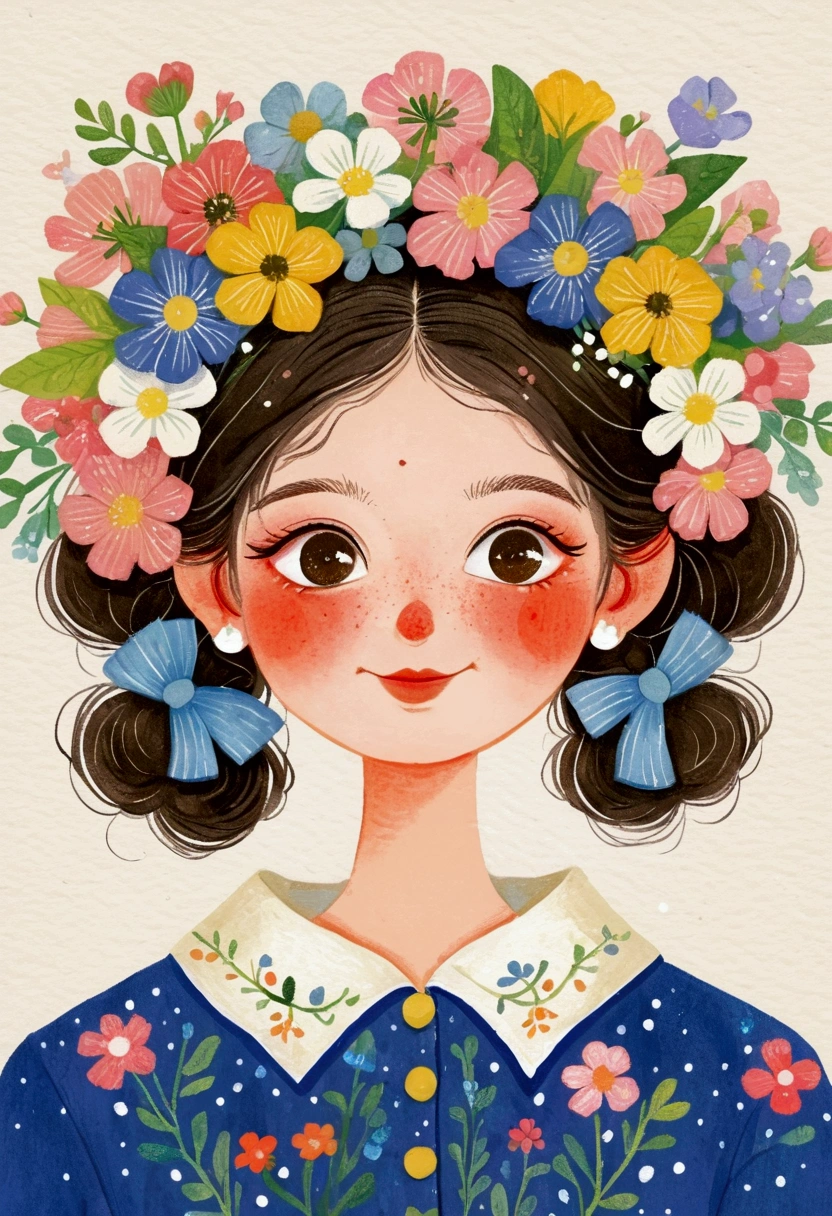 Portrait of a girl holding flowers，big eyes，Laugh out loud，teeth， Folk Art, cute illustrations, Samada, Japanese illustrator,Lots of flowers, a beautiful artwork illustrations,Print!, beautiful digital illustrations, Nurses' Day，Nurse hat
