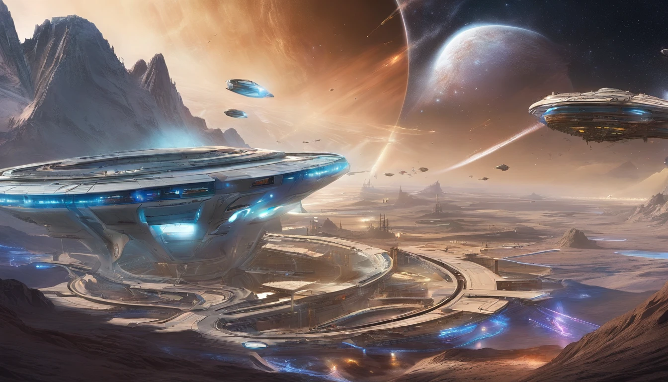 A vibrant cosmic background with a myriad of futuristic spaceships. These ships vary in design, color, and size. Some are sleek and streamlined, while others have intricate patterns and designs. The central focus is a large, circular space station with a unique, infinity-like shape. A starship made from the following: a beat up old washer, MRI Machine, CT Scanner, 1974 Winnebago, tons of duct tape, odd vehicle parts, 2 large shipping containers,1974 Winnebago.The ships are scattered throughout the image, with some hovering near the station and others dispersed in the cosmic expanse. The overall theme suggests a setting in outer space, possibly in a galaxy or universe where advanced civilizations exist. Multiple spaceships with diverse designs are docked or drifting nearby, reflecting the myriad tastes of the various alien species. Alien beings in unique attire are seen engaging in various activities, while construction equipment is actively in use, signaling the ongoing expansion of this interstellar habitat. A colossal glowing planet dominates the backdrop, while a drone captures the essence of this bustling interstellar community. This scene is rendered in Octane with 4D 750k UHD resolution, drawing inspiration from the visionary minds of Mel Brooks, Steven Spielberg, J. Michael Straczynski, and Harlan Ellison.