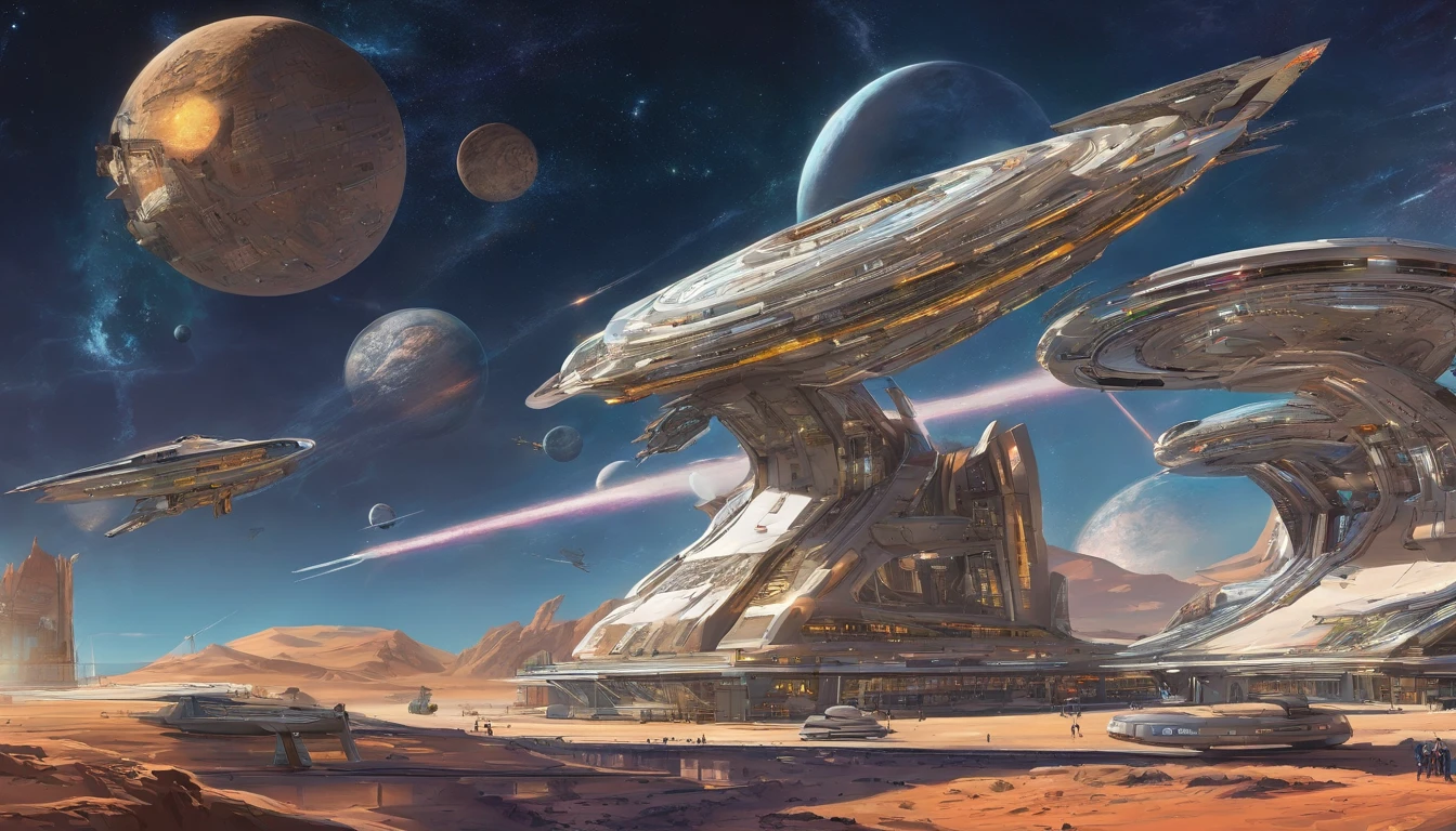 A vibrant cosmic background with a myriad of futuristic spaceships. These ships vary in design, color, and size. Some are sleek and streamlined, while others have intricate patterns and designs. The central focus is a large, circular space station with a unique, infinity-like shape. A starship made from the following: a beat up old washer, MRI Machine, CT Scanner, 1974 Winnebago, tons of duct tape, odd vehicle parts, 2 large shipping containers,1974 Winnebago.The ships are scattered throughout the image, with some hovering near the station and others dispersed in the cosmic expanse. The overall theme suggests a setting in outer space, possibly in a galaxy or universe where advanced civilizations exist. Multiple spaceships with diverse designs are docked or drifting nearby, reflecting the myriad tastes of the various alien species. Alien beings in unique attire are seen engaging in various activities, while construction equipment is actively in use, signaling the ongoing expansion of this interstellar habitat. A colossal glowing planet dominates the backdrop, while a drone captures the essence of this bustling interstellar community. This scene is rendered in Octane with 4D 750k UHD resolution, drawing inspiration from the visionary minds of Mel Brooks, Steven Spielberg, J. Michael Straczynski, and Harlan Ellison.