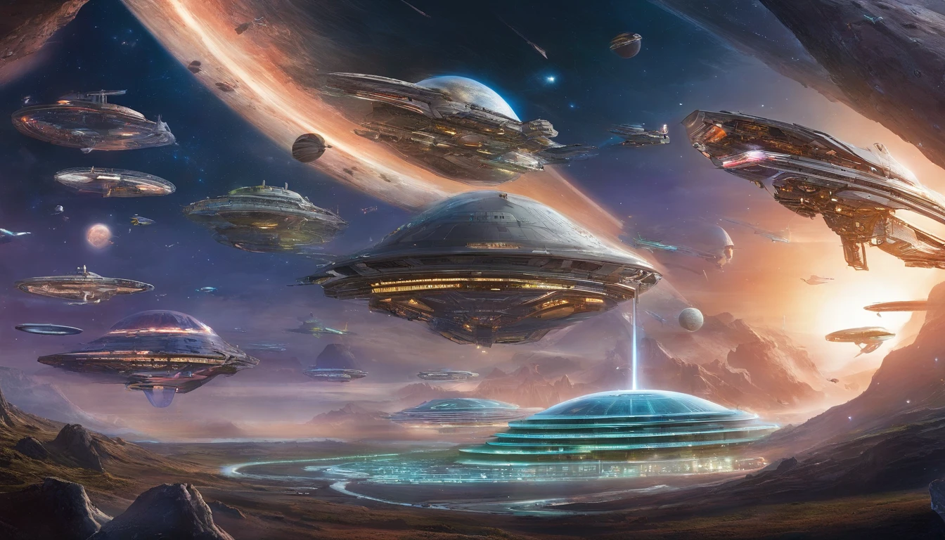 A vibrant cosmic background with a myriad of futuristic spaceships. These ships vary in design, color, and size. Some are sleek and streamlined, while others have intricate patterns and designs. The central focus is a large, circular space station with a unique, infinity-like shape. A starship made from the following: a beat up old washer, MRI Machine, CT Scanner, 1974 Winnebago, tons of duct tape, odd vehicle parts, 2 large shipping containers,1974 Winnebago.The ships are scattered throughout the image, with some hovering near the station and others dispersed in the cosmic expanse. The overall theme suggests a setting in outer space, possibly in a galaxy or universe where advanced civilizations exist. Multiple spaceships with diverse designs are docked or drifting nearby, reflecting the myriad tastes of the various alien species. Alien beings in unique attire are seen engaging in various activities, while construction equipment is actively in use, signaling the ongoing expansion of this interstellar habitat. A colossal glowing planet dominates the backdrop, while a drone captures the essence of this bustling interstellar community. This scene is rendered in Octane with 4D 750k UHD resolution, drawing inspiration from the visionary minds of Mel Brooks, Steven Spielberg, J. Michael Straczynski, and Harlan Ellison.